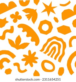 Resumen de un patrón sin fisuras con doodles de corte geométrico naranja. Formas aleatorias de moda sobre un fondo blanco. Ilustración del vector