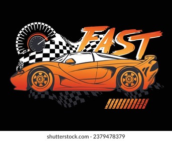 Abstract seamless pattern with orange sport car, chequered flag, speedometer, text Fast. Automobile illustration for t shirt design.