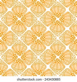 Abstract seamless pattern of orange squares with the cell, bubbles, circles and waves. Doodle style. Can be used to design the covers of books, notebooks, CD, paper and others.