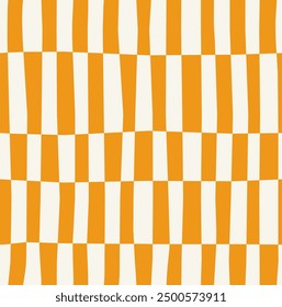 Abstract seamless pattern of orange vertical stripes in a row, distorted chess pattern on a light background, hand drawn illustration, flat style