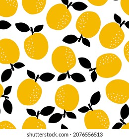 Abstract seamless pattern with oranges. Hand drawn citrus fruits. Summer tropical endless background with oranges. Vector pattern. On white background.