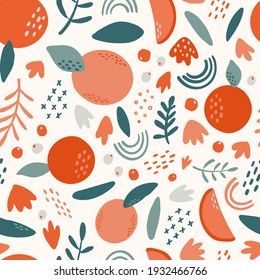 abstract seamless pattern with oranges and leaves on white background for wrapping paper, textile and fabric prints, posters, packaging, wallpaper, scrapbooking, kids fashion, etc. EPS 10