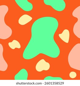 Abstract seamless pattern with organic blobs in green, beige, and pink on an orange background. Playful and modern, perfect for textiles, wallpapers, and digital designs.
