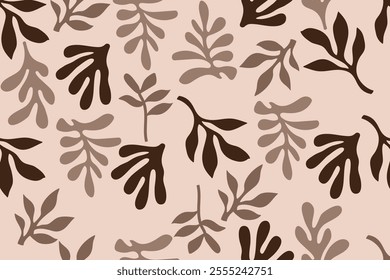 Abstract seamless pattern with organic leaf shapes in earthy tones on a beige background. Contemporary collage botanical minimalist wall art. Abstract painting for wall decoration, interior, print