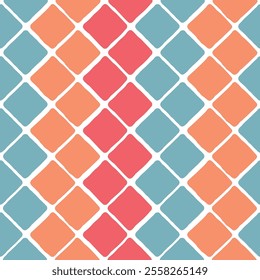 Abstract seamless pattern with organic orange, blue and red sqaures creating a cehvron wavy pattern on white background