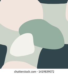 Abstract seamless pattern with organic shapes in mint, light green, dark teal and pastel pink. Trendy and stylish wallpaper, textile, branding and packaging design, modern wall art.