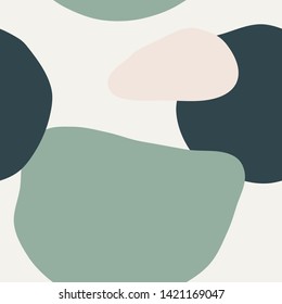 Abstract seamless pattern with organic shapes in mint, light green, dark teal and pastel pink. Trendy and stylish wallpaper, textile, branding and packaging design, modern wall art.