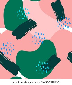 Abstract seamless pattern with organic shapes and brush strokes. Pink and green. Trendy and stylish wallpaper, textile, branding and packaging design, modern wall art.