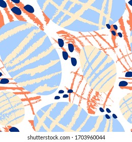 Abstract seamless pattern with organic shapes with blob dark blue, gold orange and pastel yellow. Trendy and stylish wallpaper, textile, branding and packaging design, modern wall art.