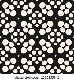 Abstract seamless pattern with organic shapes, dots, drops, mesh, perforated surface. Simple black and white geometric background texture. Vector minimal monochrome ornament. Repeated geo design