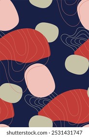 abstract seamless pattern with organic shapes in shades of red, pink and light green on a dark blue background. Thin white lines create sinuous contours around shapes