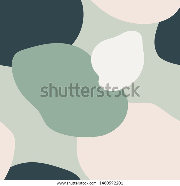 ミント 明るい緑 濃い青 パステルピンクの背景に有機的な形をした抽象的なシームレスパターン トレンディでスタイリッシュな壁紙 繊維 ブランディング パッケージデザイン モダンな壁画 のベクター画像素材 ロイヤリティフリー