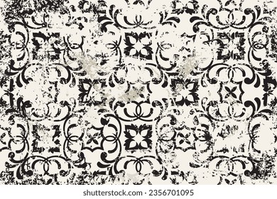 Resumen de un patrón sin fisuras en estilo oriental con un efecto de desgaste. Vector de moqueta floral raquítica. Fondo de cosecha para cerámica, papel pintado, linóleo, textil, alfombra, página web