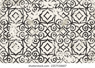 Resumen de un patrón sin fisuras en estilo oriental con un efecto de desgaste. Vector de moqueta floral raquítica. Patrón de cosecha para cerámica, papel pintado, linóleo, textil, alfombra, página web