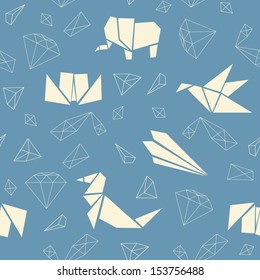 Abstract seamless pattern with origami animals, geometric figures, diamonds and lines on blue background. Vector illustration. 