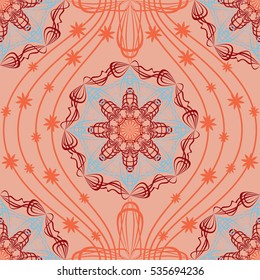 Abstract seamless pattern. Ornament lace braid on a pink background.