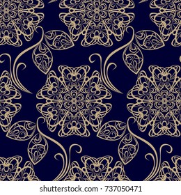 Abstract seamless pattern. Ornament lace with stylized flowers on a dark blue background.