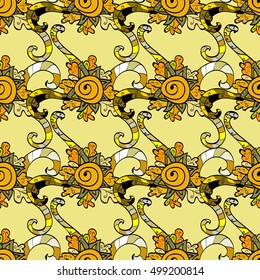Abstract seamless pattern ornament. Mandala repeat pattern. Vintage background. Vector illustration. Doodles, stripe. Yellow, Brown.