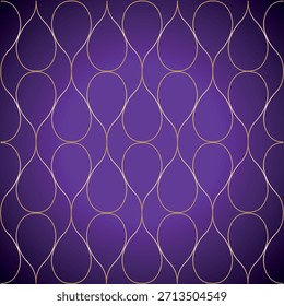 Abstractas patrón sin fisuras con celosía ornamental, curvas metálicas doradas sobre un fondo púrpura violeta oscuro. Alto contraste. Elegante ritmo visual para interiores y branding. Estética mágica. Vector