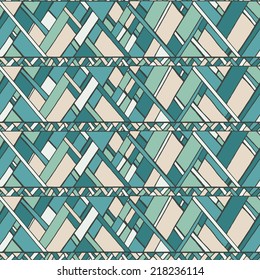 Abstract seamless pattern with ornamental stripes. Stripes with blue, mint green, beige and white geometric patterns.
