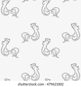 Abstract seamless pattern of outlines of a rooster on a gray background.