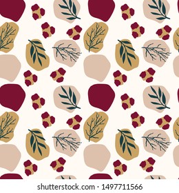 Abstract seamless pattern with oval shapes, floral elements, leopard spots  in warm colors. Maroon, burgundy, olive, cream, pink, deep green. Trendy modern textile, branding, packaging, wrapping.