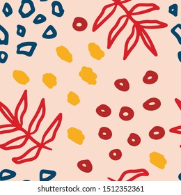 Abstract seamless pattern with oval shapes, floral elements, stains and strokes. Bright colourful pattern. Trendy modern textile, branding, packaging, wrapping.