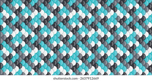 Abstract seamless pattern of overlapping circles in teal, gray, and white, creating a dynamic, textured surface.  Ideal for website backgrounds, textile designs, or modern graphic projects.