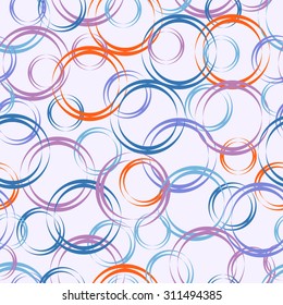 Abstract seamless pattern. Overlapping colored circles. Minimalism and simplicity of design. Pastel shades. Blue, pink, purple, orange. Vector illustration.