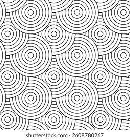 Abstract seamless pattern of overlapping concentric circles in black and white. A clean vector illustration ideal for backgrounds, wrapping paper, textiles, and modern design.