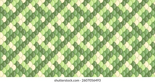 Abstract seamless pattern of overlapping pastel green and cream scales.