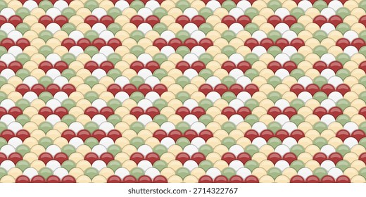 Abstrato padrão sem emenda com sobreposição de círculos pastel em vermelho, bege e verde, criando uma escala de peixe ou efeito de onda. Ideal para fundos, texturas, design de site e impressões têxteis.