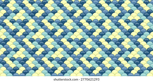 Abstract seamless pattern of overlapping pastel blue and yellow semicircles, creating a fish scale or wavelike design. Perfect for website backgrounds, textile prints, or decorative projects.