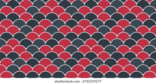 Abstract seamless pattern with overlapping red and dark gray semicircles, creating a fish scale or wavelike effect.  Perfect for textile design, website backgrounds, or decorative art projects.