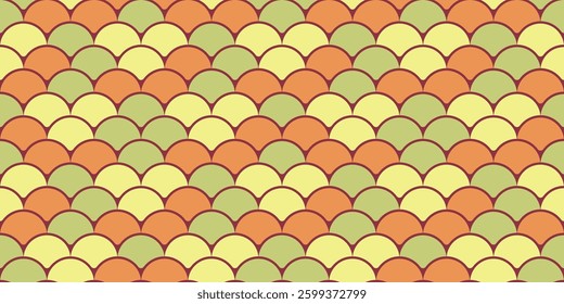 Abstract seamless pattern with overlapping scales in autumnal hues.  Perfect for textile design, wallpaper, packaging, or website backgrounds. Evokes feelings of warmth, nature, and retro style.
