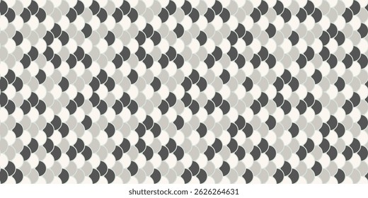 Abstract seamless pattern of overlapping semicircles in grayscale.  Elegant geometric design ideal for textile prints, website backgrounds, or modern interior décor.