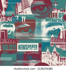 Abstract seamless pattern with overlay fragments of cityscapes, human eyes, headlines. Chaotic vector background on the theme of city life. Wallpaper, wrapping paper or fabric design in modern style