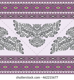 Abstract Seamless Pattern with Owl. Ethnic Geometric Ornament. Vector Background for Fabric, Wallpaper and Border.
