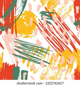 Abstract seamless pattern with paint stains, brush strokes, daub, scribble on white background. Trendy vector illustration in grunge style for wrapping paper, wallpaper, fabric print, backdrop.