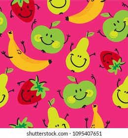 Abstract seamless pattern with painted cartoon fruits. Background with strawberries, bananas, apples and pears for wrapping paper, web, fabric, textiles, clothes, wallpaper, cover for phone, bed.