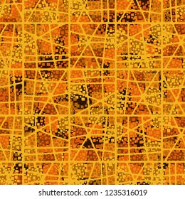 Abstract seamless pattern painted in colors of autumn gold. Grid in the foreground.