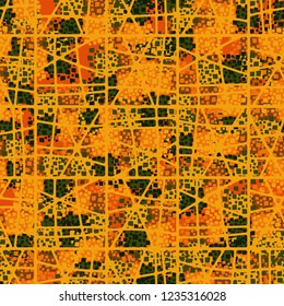 Abstract seamless pattern painted in colors of autumn gold. Grid in the foreground.