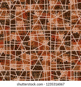 Abstract seamless pattern painted in colors of autumn gold. Grid in the foreground.