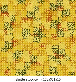 Abstract seamless pattern painted in colors of autumn gold. Rows of small squares foreground.