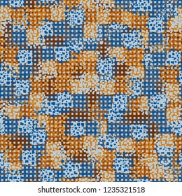 Abstract seamless pattern painted in colors of autumn gold. Rows of small squares foreground.
