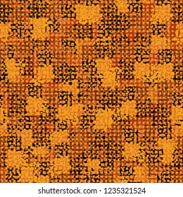 Abstract seamless pattern painted in colors of autumn gold. Rows of small squares foreground.