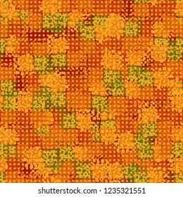 Abstract seamless pattern painted in colors of autumn gold. Rows of small squares foreground.