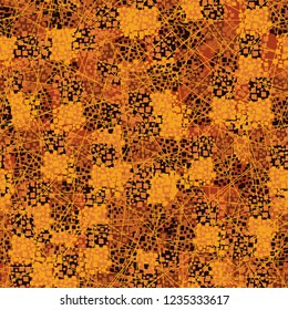 Abstract seamless pattern painted in colors of autumn gold. Chaos of contour squares located in the foreground.