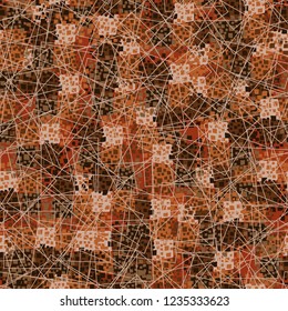 Abstract seamless pattern painted in colors of autumn gold. Chaos of contour squares located in the foreground.