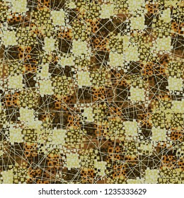 Abstract seamless pattern painted in colors of autumn gold. Chaos of contour squares located in the foreground.